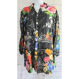 John Mark Black Floral & Hummingbird Print Button Up Top Large Lightweight